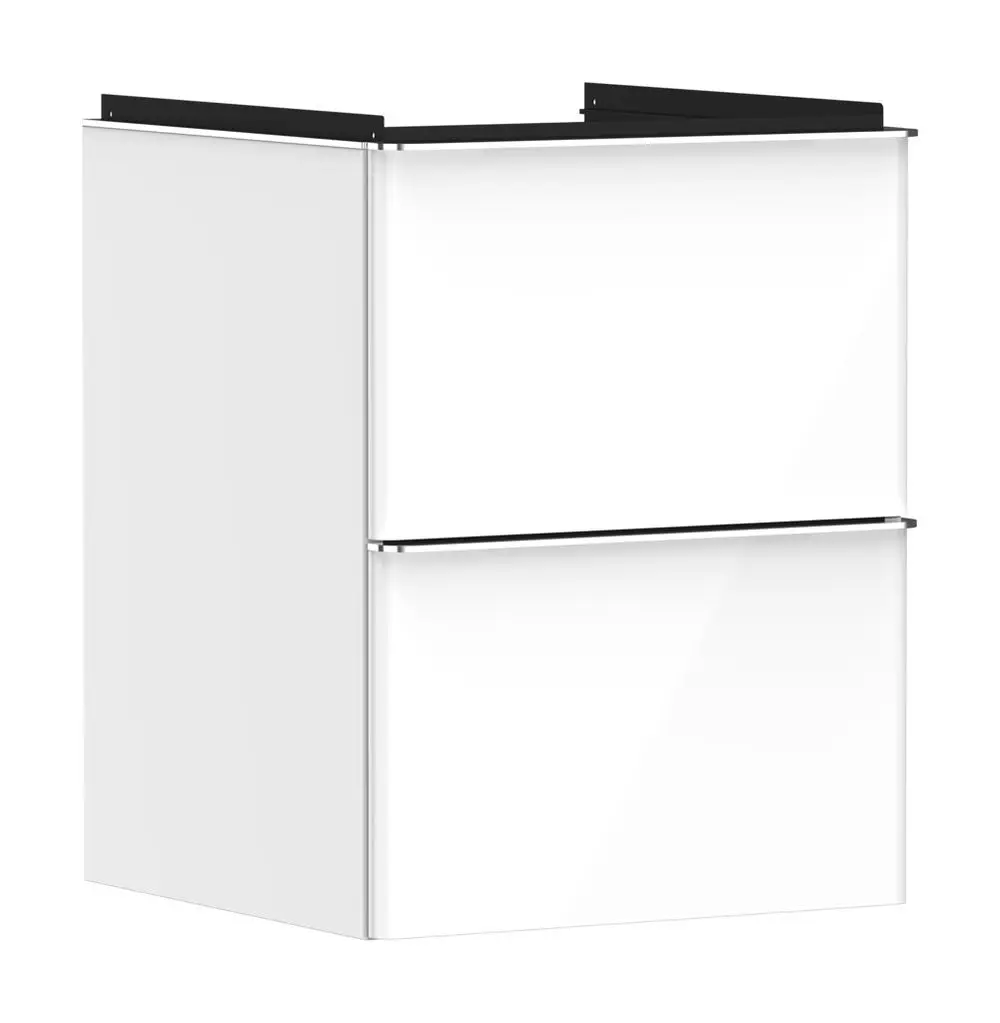Weißer Waschtischunterschrank mit zwei Schubkästen. Die Oberseite ist schwarz. Produkt von Hansgrohe. Eignet sich für Handwaschbecken.